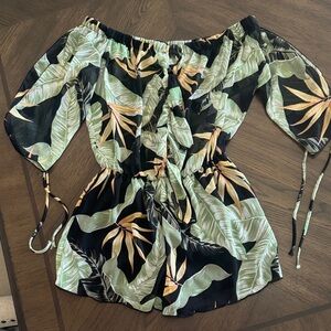 Fashion Nova Leaf Print Off-Shoulder Blouse - Black, Green, Yellow